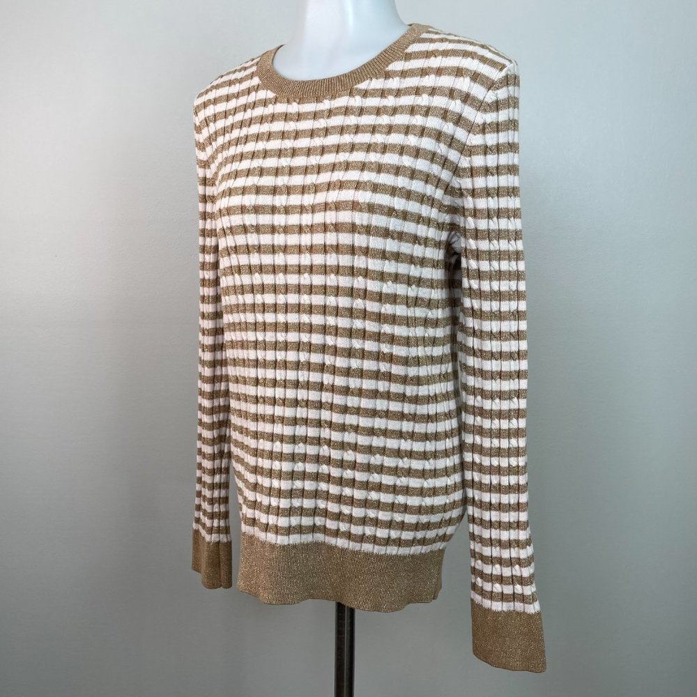 Talbots Sweater MP Medium Petite Metallic Gold Striped Crew Neck Cable Knit - Picture 4 of 13